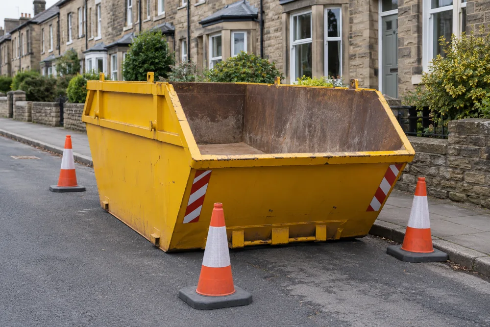 Empty skip at the kerb with cones and an unobstructed footway