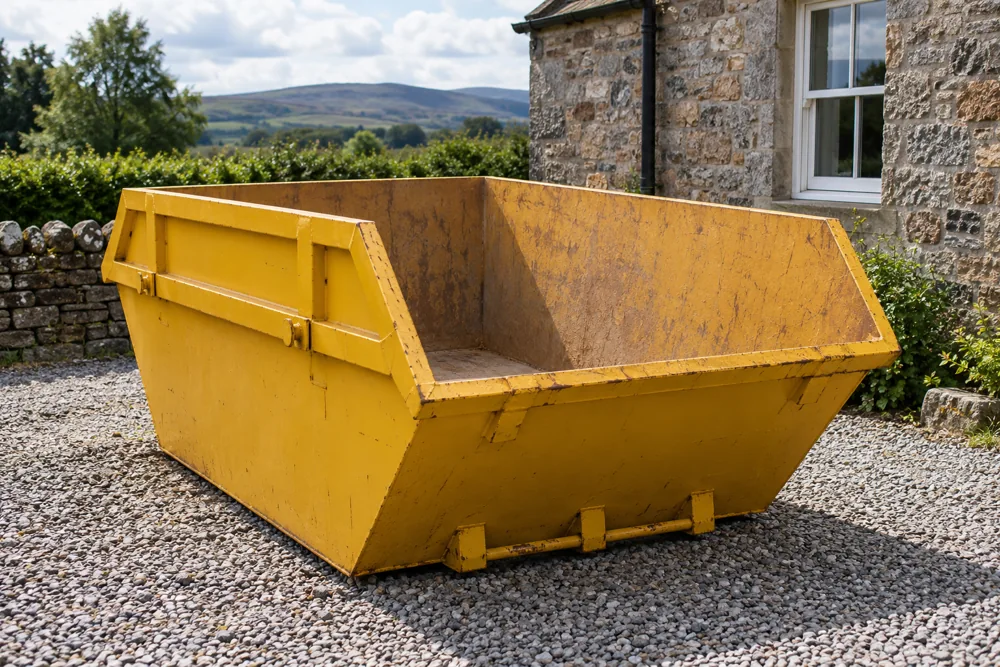 Yellow skip on a private gravel area beside a stone cottage