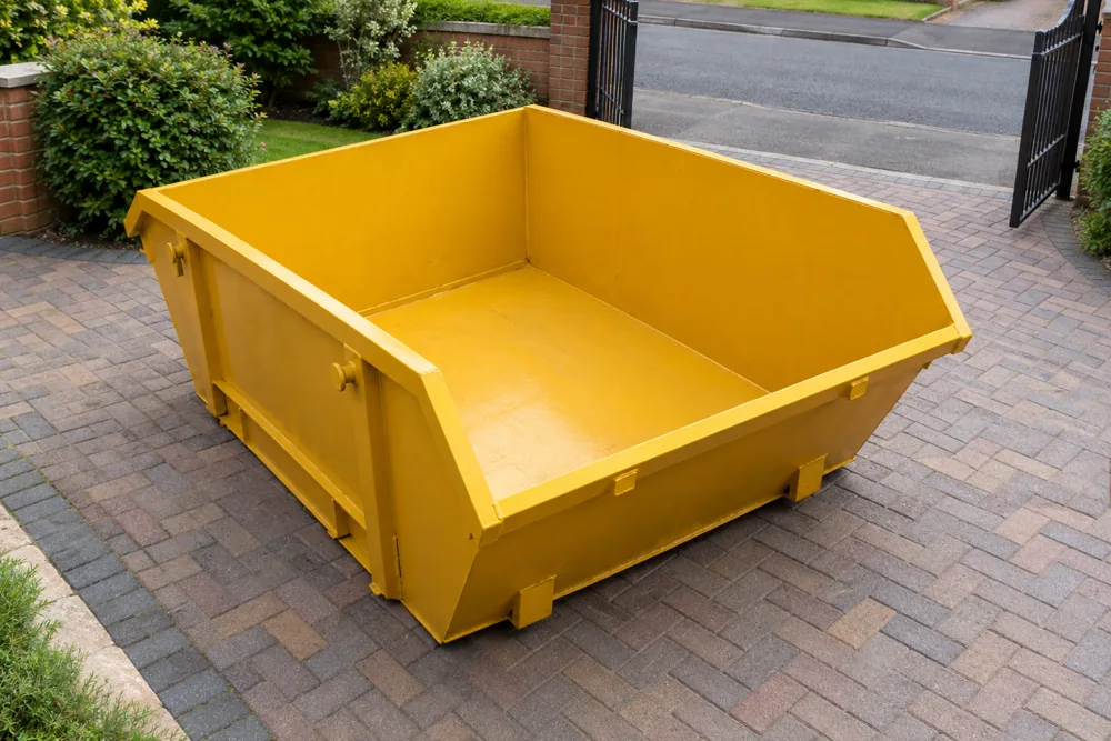 Empty mini skip inside a private paved driveway