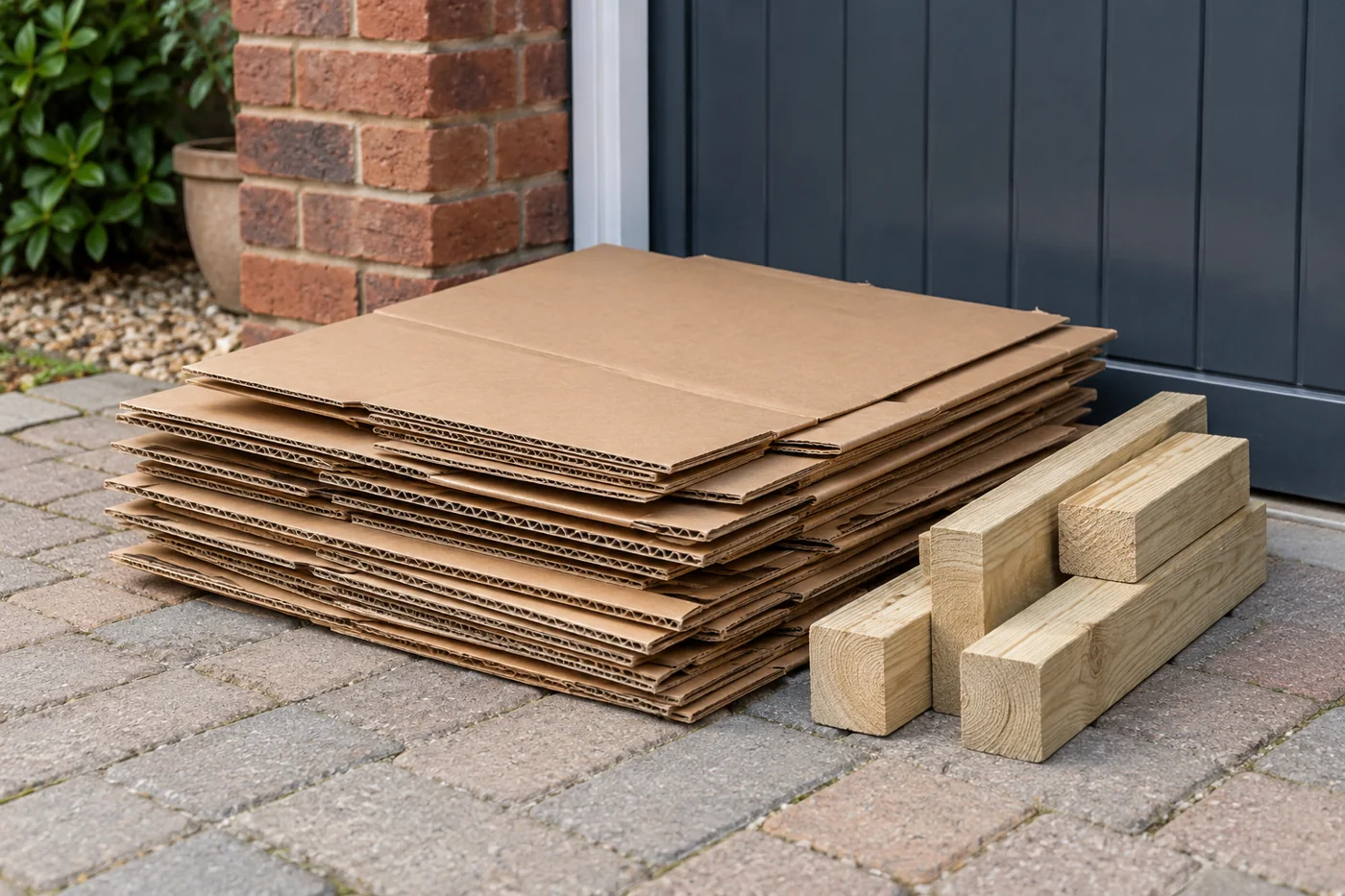 Flattened cardboard and short timber offcuts stacked on paving beside a garage