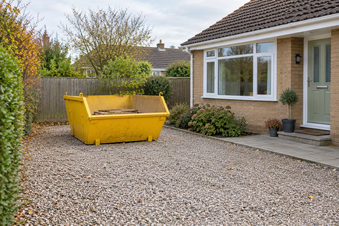 Yellow skip with a low timber load and a clear gravel approach beside a bungalow