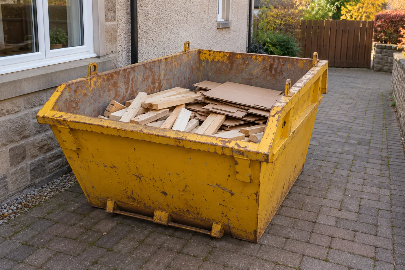 Short timber pieces and flattened cardboard below the rim of a yellow skip