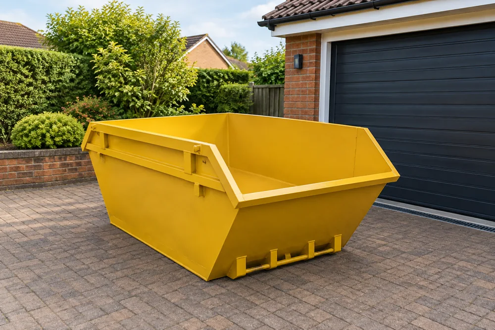 Compact yellow mini skip on a paved driveway beside a garage