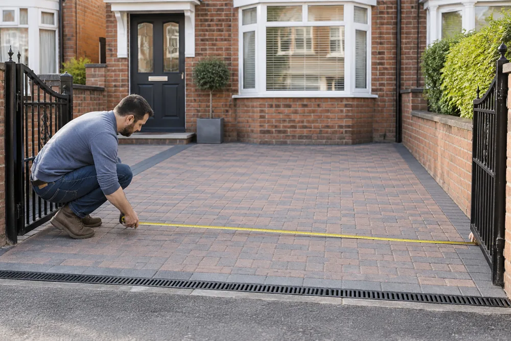 Homeowner measuring a paved driveway beside an open gate