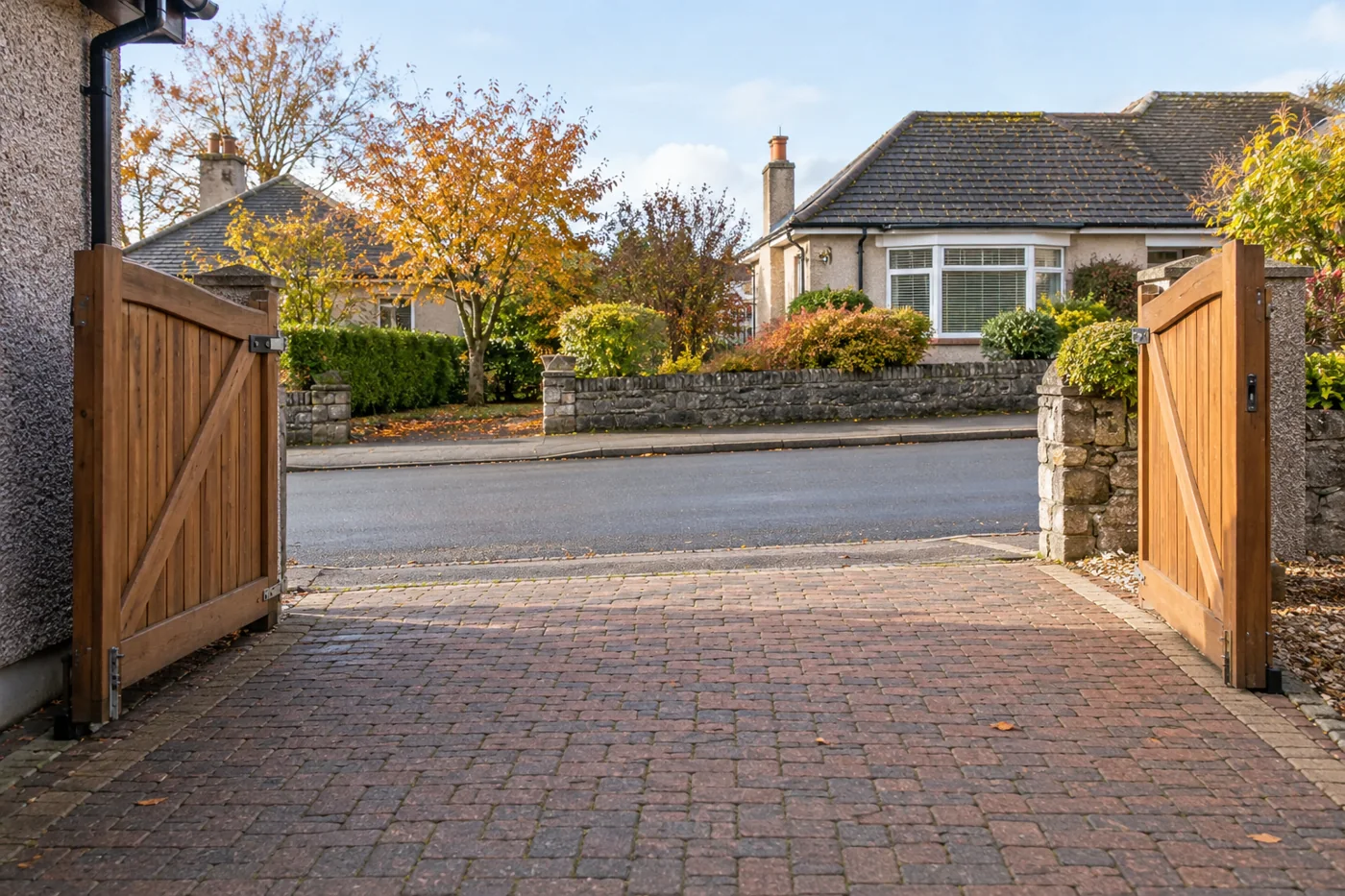 Clear block-paved driveway through an open double gate towards a residential street