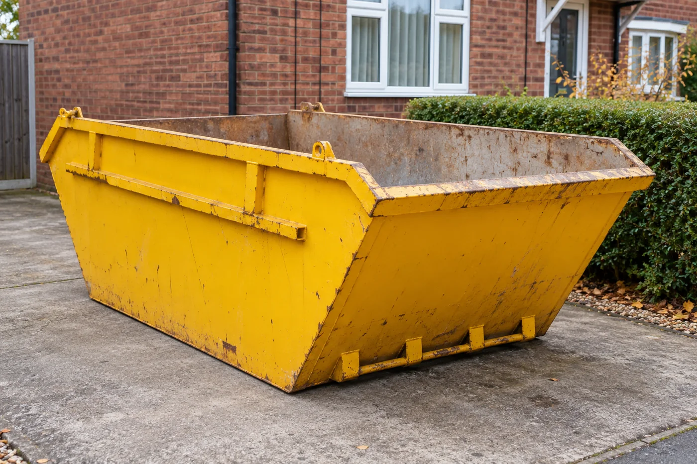 Empty yellow skip on a concrete driveway beside a brick house