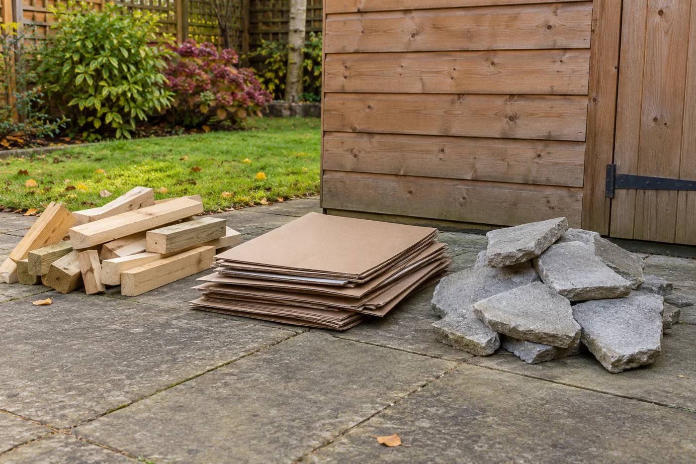 Small separated piles of short timber, flattened cardboard and broken paving beside a shed