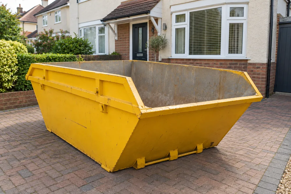 Empty yellow skip on a private driveway beside a brick house