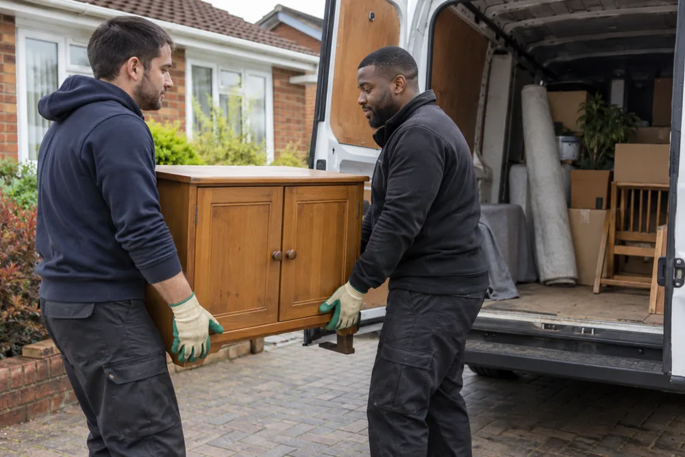 Two workers lifting a wooden cabinet towards an open white van