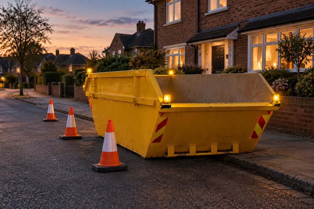 Roadside skip at dusk with warning lamps, reflective ends and cones