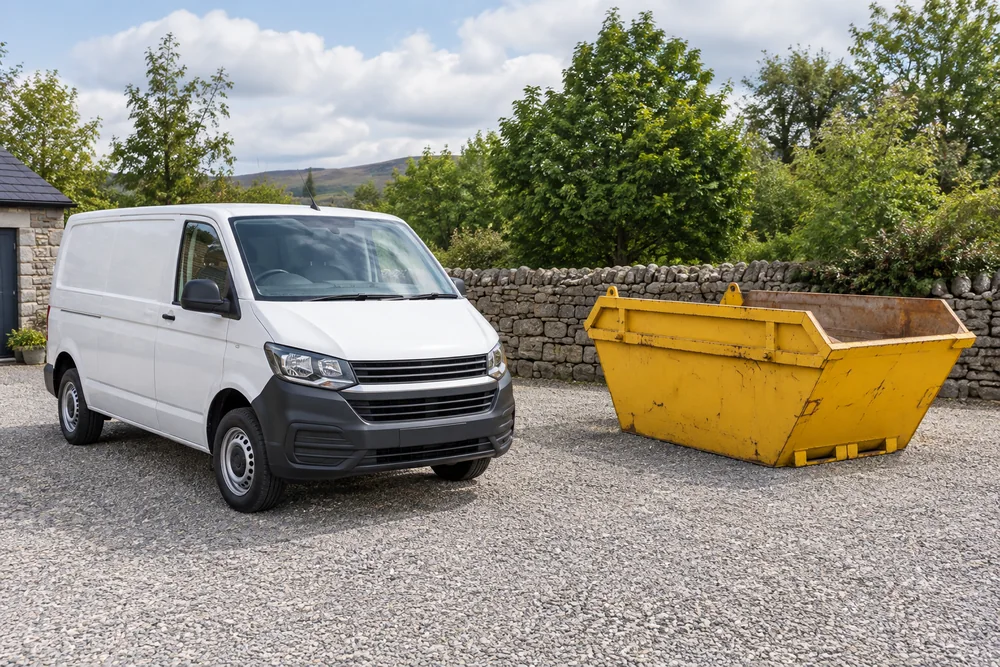 A waste collection van and a skip