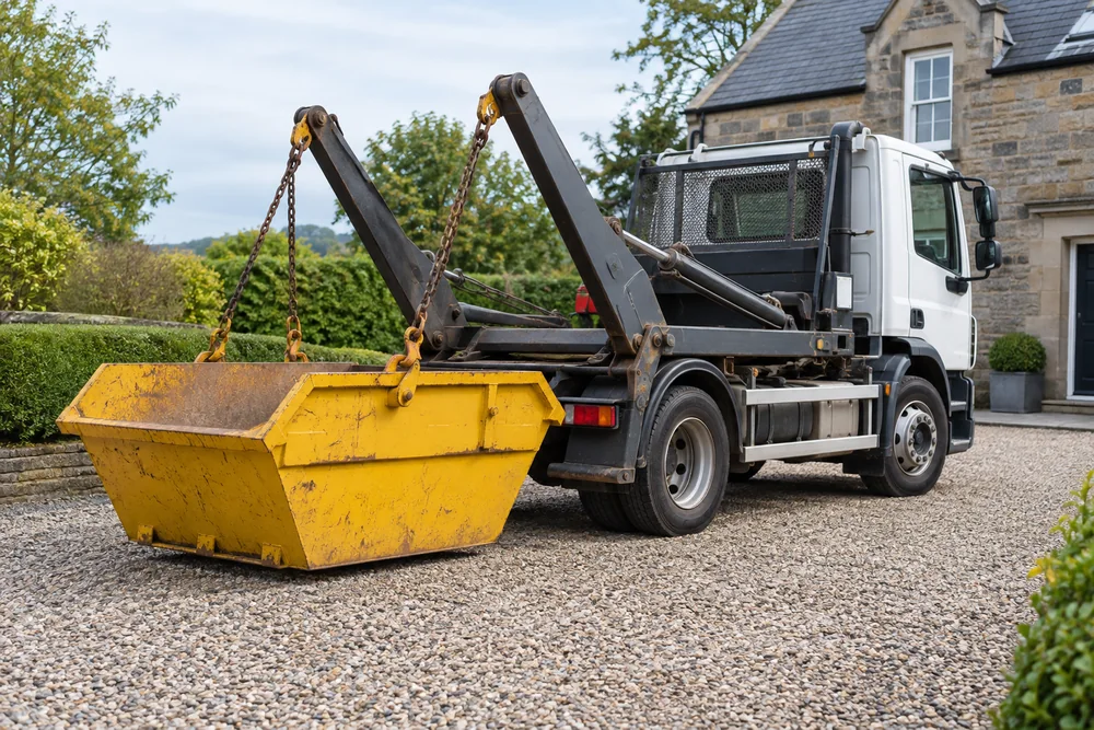 A skip lorry lifting a yellow skip