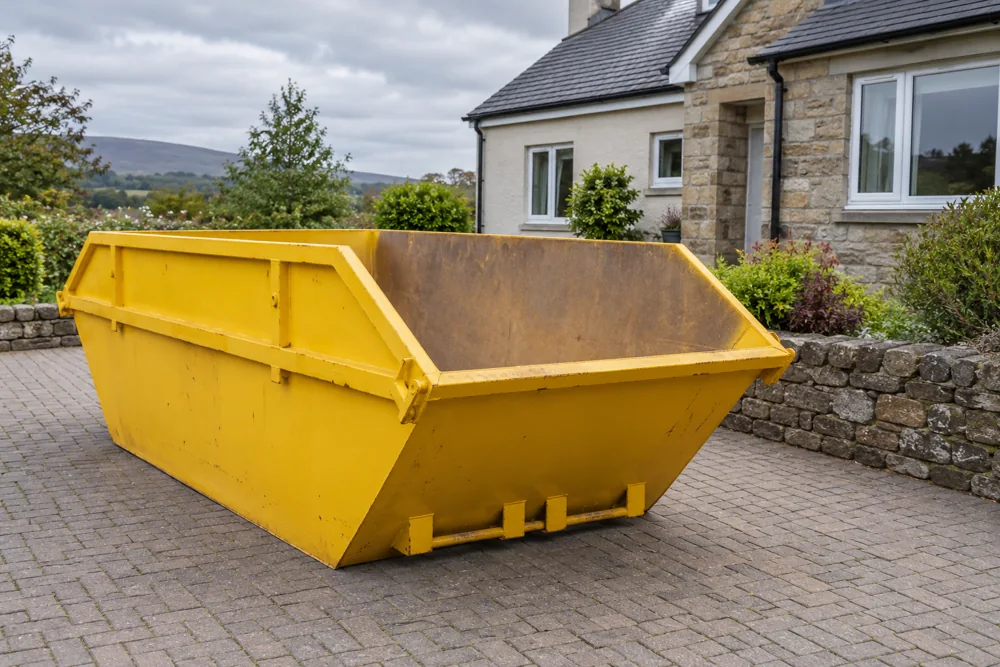 Empty yellow skip on private ground beside a house