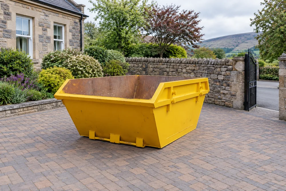 Empty skip on level paving clear of a stone boundary wall