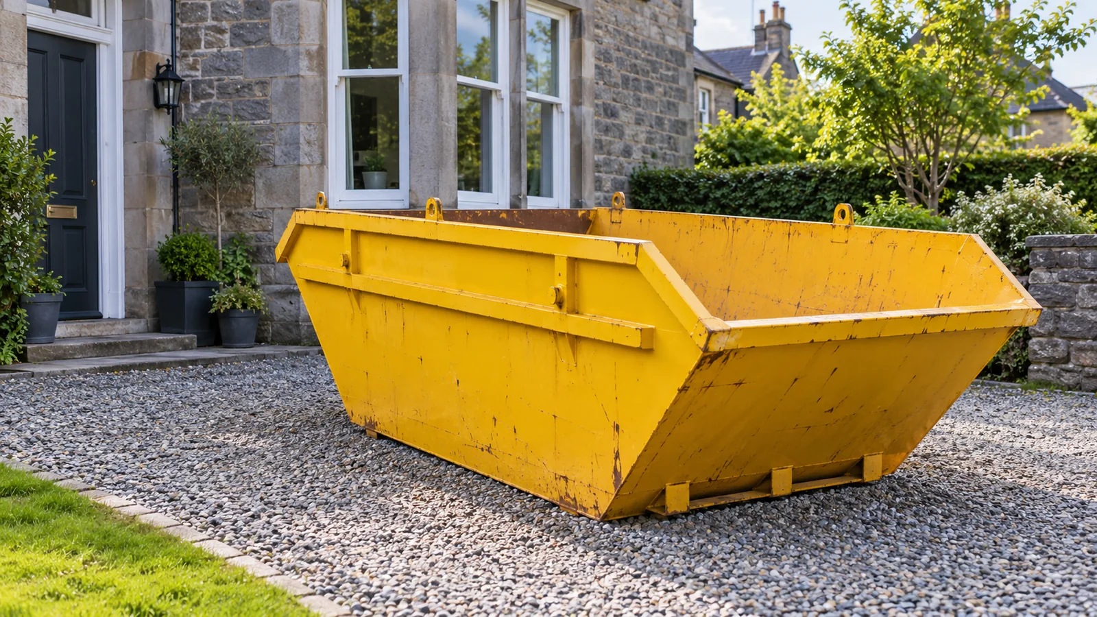 Yellow skip on a driveway beside a stone house