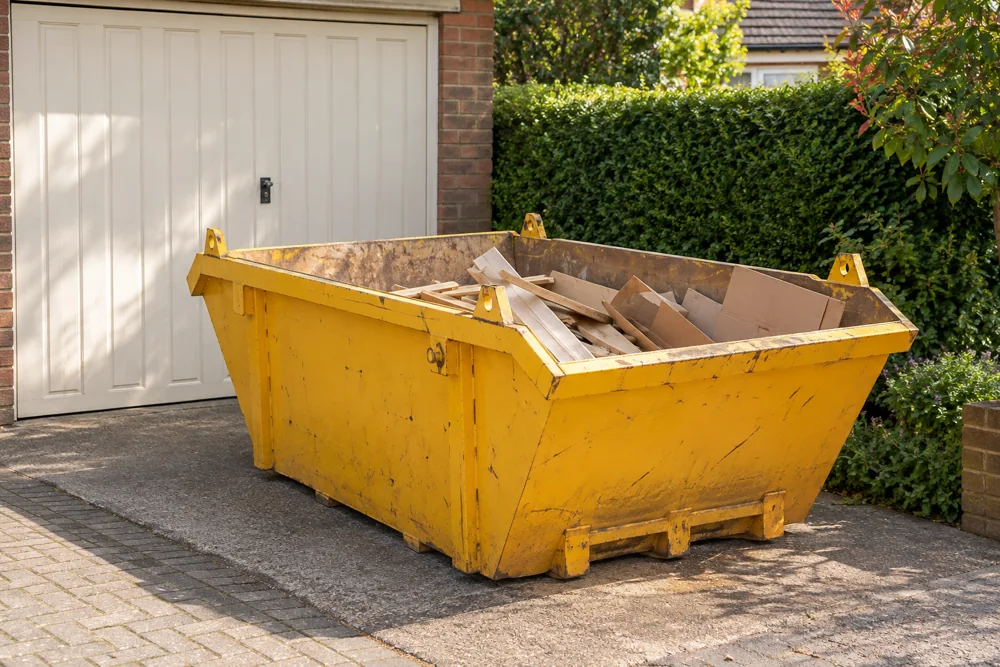 Yellow skip beside a garage with light household waste