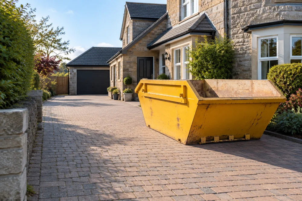 Yellow skip within a private paved driveway