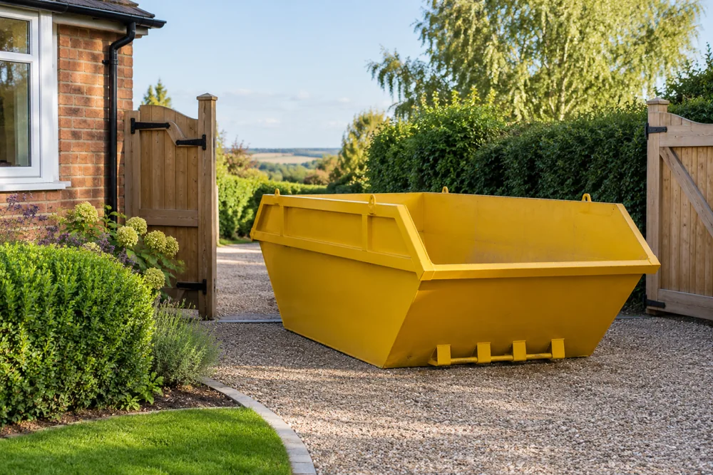 Empty yellow skip within a driveway beside an open gate