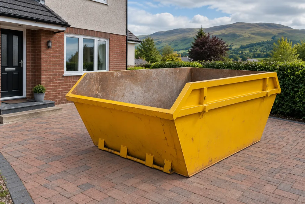 Empty yellow skip on private ground beside a house
