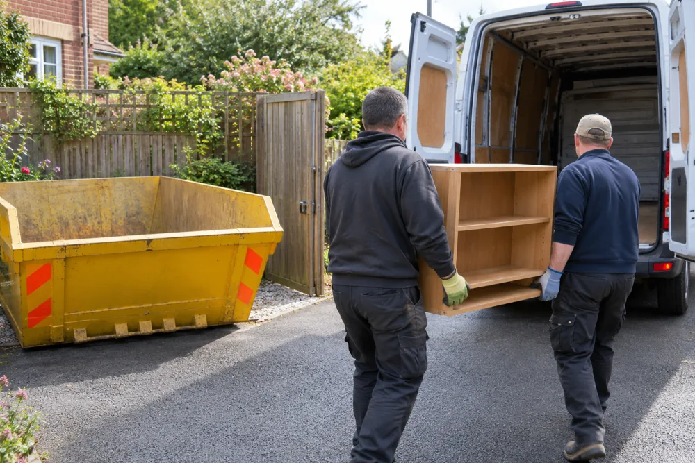 Two workers carrying a wooden bookshelf towards a white van