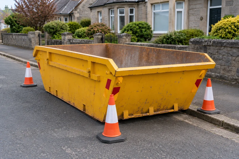 Yellow skip placed beside a road with safety cones