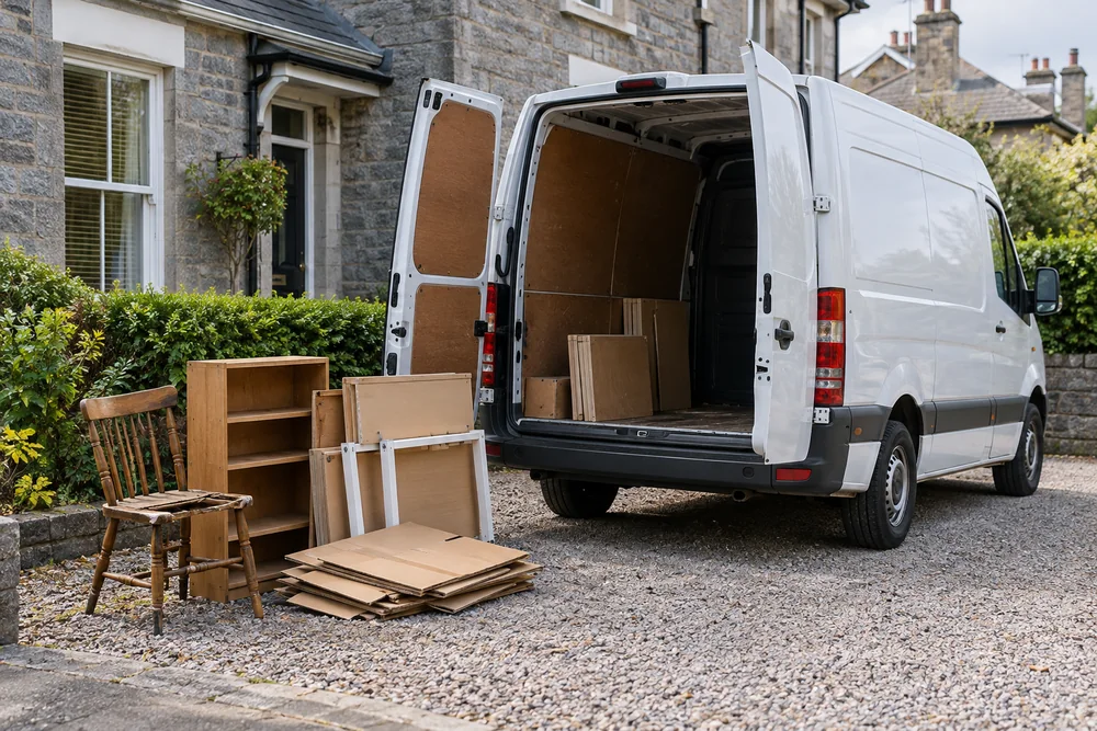 White van beside wooden furniture and cardboard ready for collection