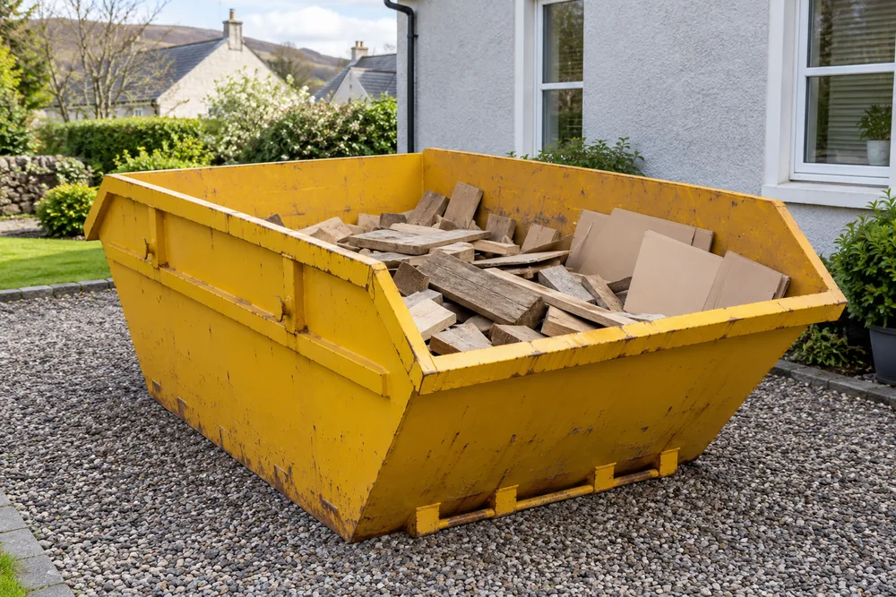 Timber and cardboard loaded below the top edge of a yellow skip