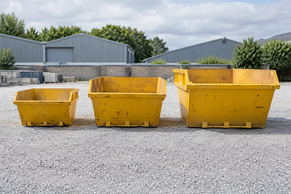 Yellow skips of different sizes in a yard
