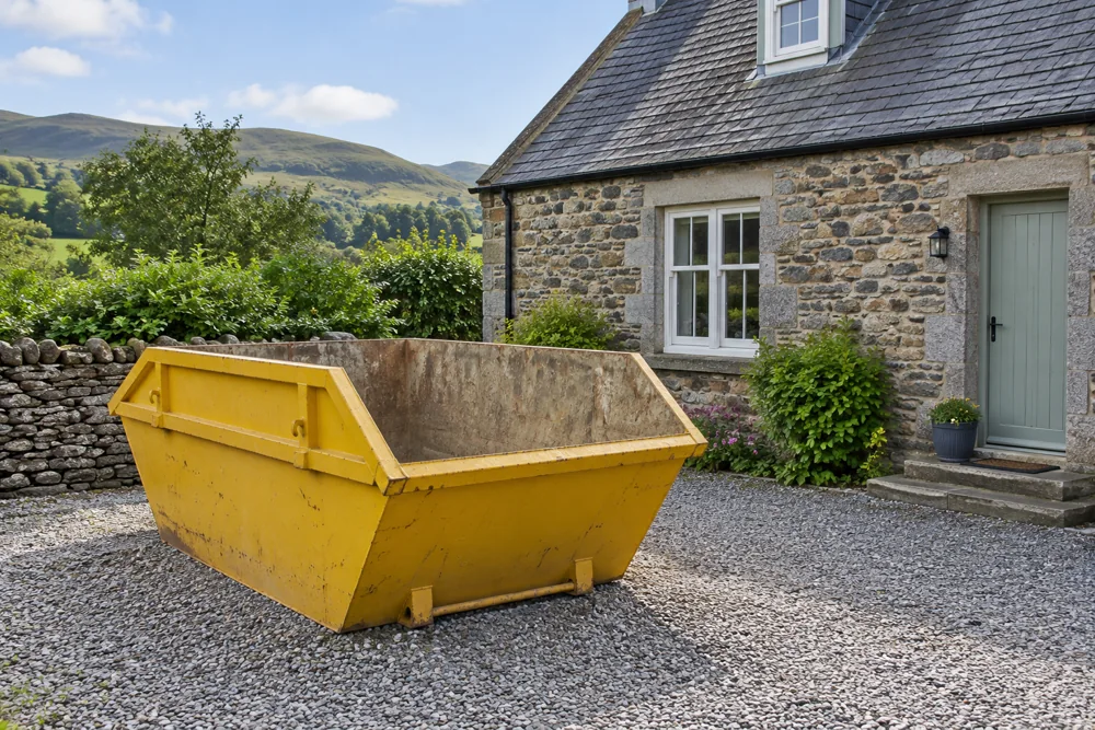 Empty yellow skip on private ground beside a house