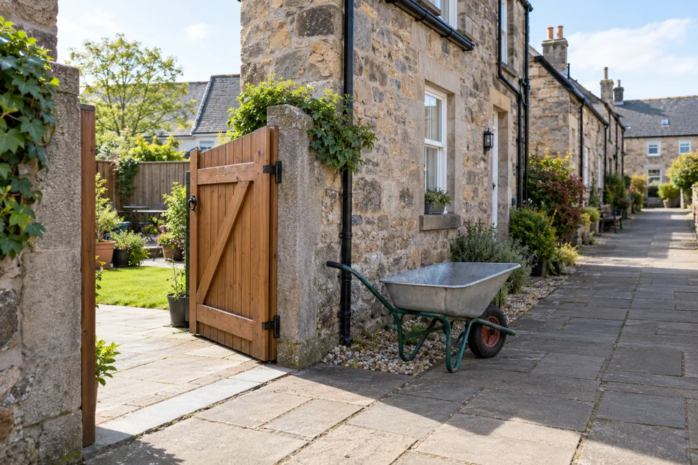 Clear lane and garden gate beside modest stone cottages