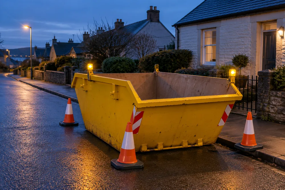 Empty roadside skip after dusk with lamps and safety cones