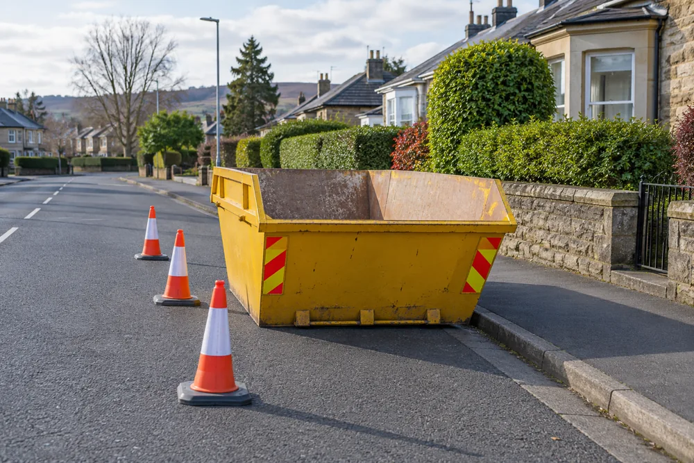 Empty roadside skip with cones and a clear pavement