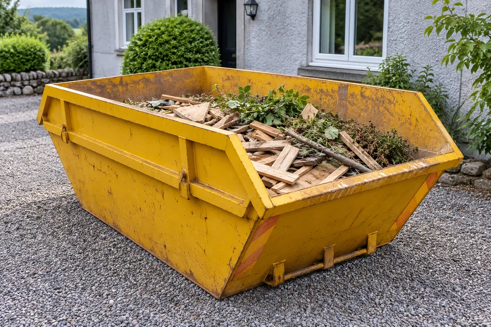 Ordinary waste below the top edge of a yellow skip